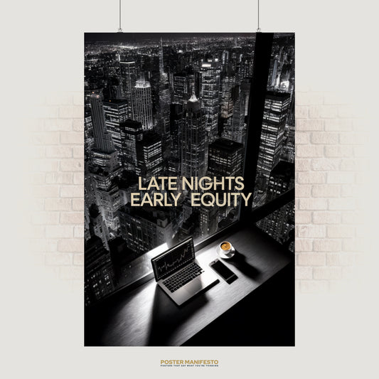 Motivational city skyline poster with text “Late Nights Early Equity.”