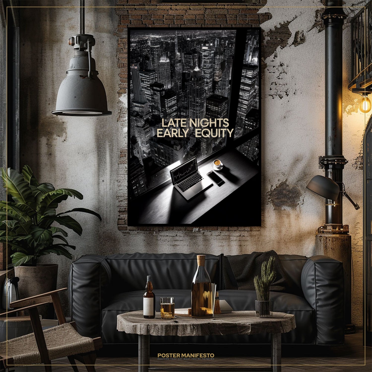 Modern living room with a black leather sofa, wooden coffee table, and framed poster on the wall.