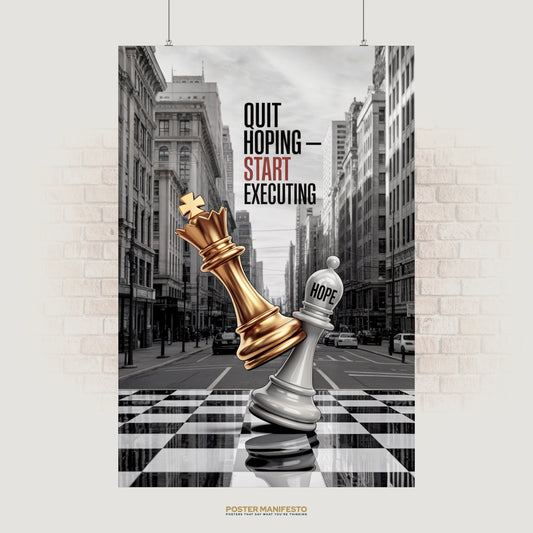 Motivational chess poster showing a golden queen defeating a silver pawn labeled “hope,” symbolizing action over waiting, perfect wall art for entrepreneurs and business leaders.