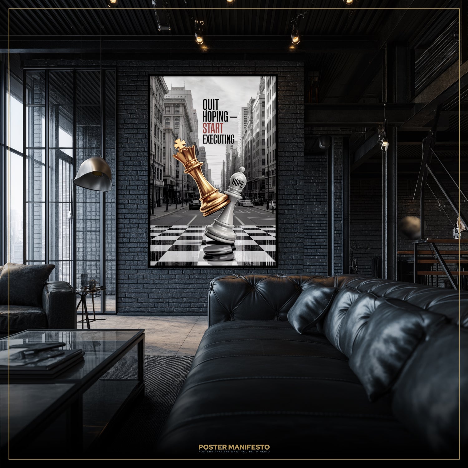Modern living room with a large framed poster of chess pieces on a checkered background.