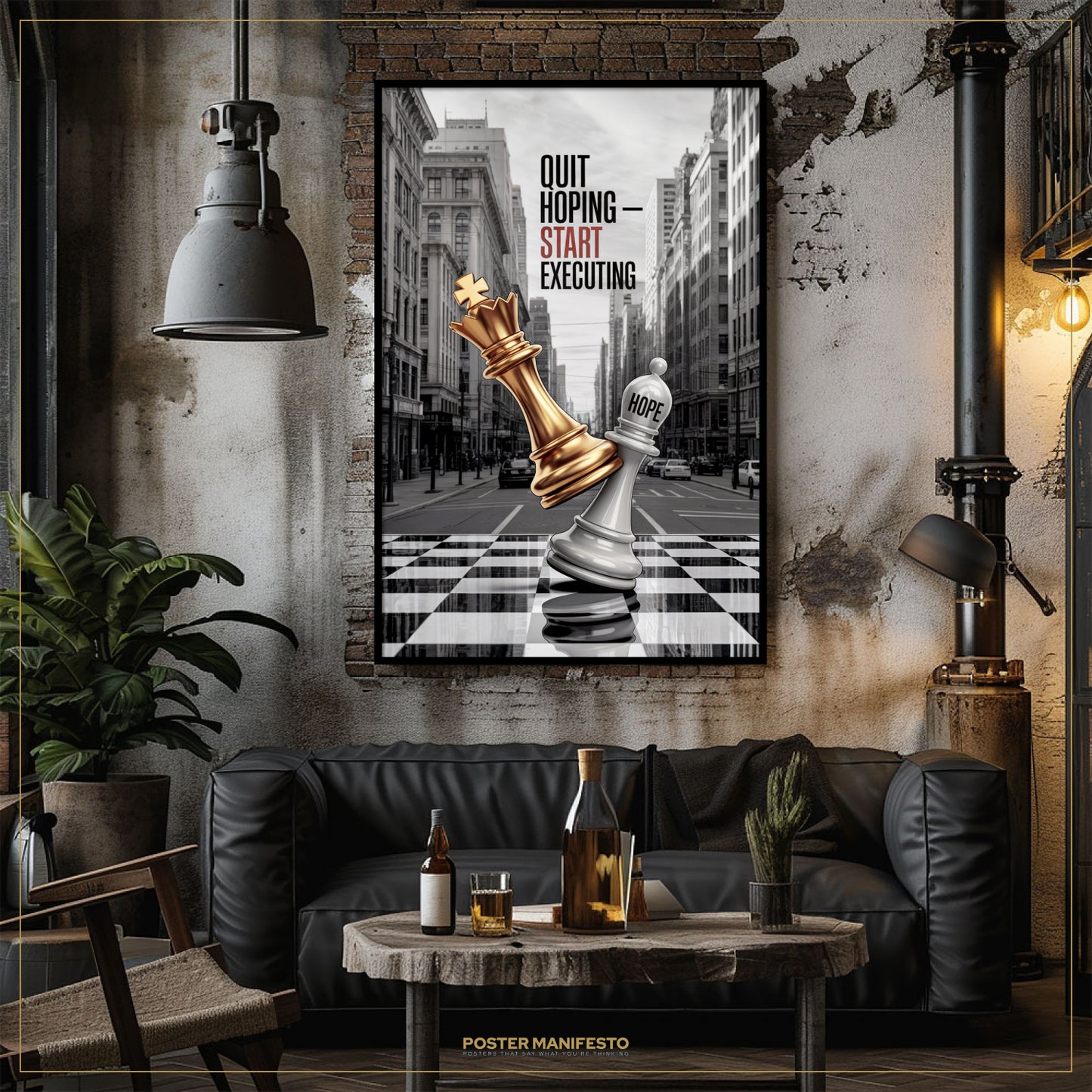 Living room with a framed poster of chess pieces on a checkered background, a black sofa, and a small table with bottles and glasses.
