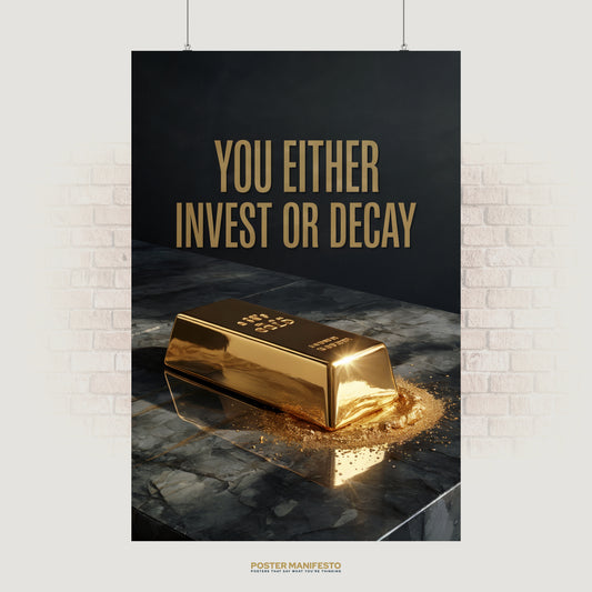 Motivational gold bar poster featuring the phrase “You Either Invest Or Decay,” symbolizing financial discipline and wealth mindset, perfect for entrepreneurs and investors.