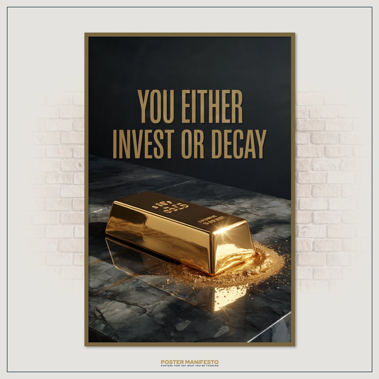 Premium motivational print featuring a golden bar on a marble surface, ideal for investors, entrepreneurs, and those focused on building lasting wealth.
