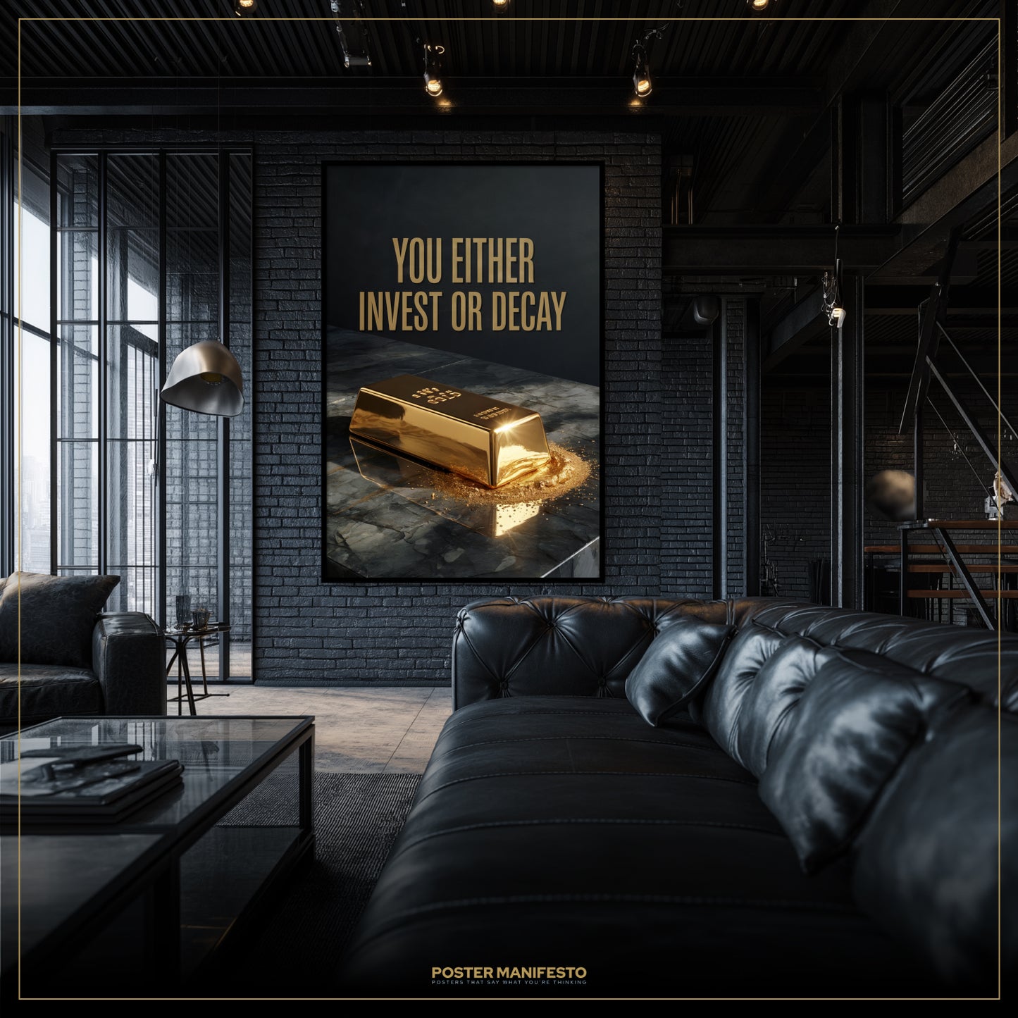 Modern living room with a black leather sofa and a motivational poster on the wall.
