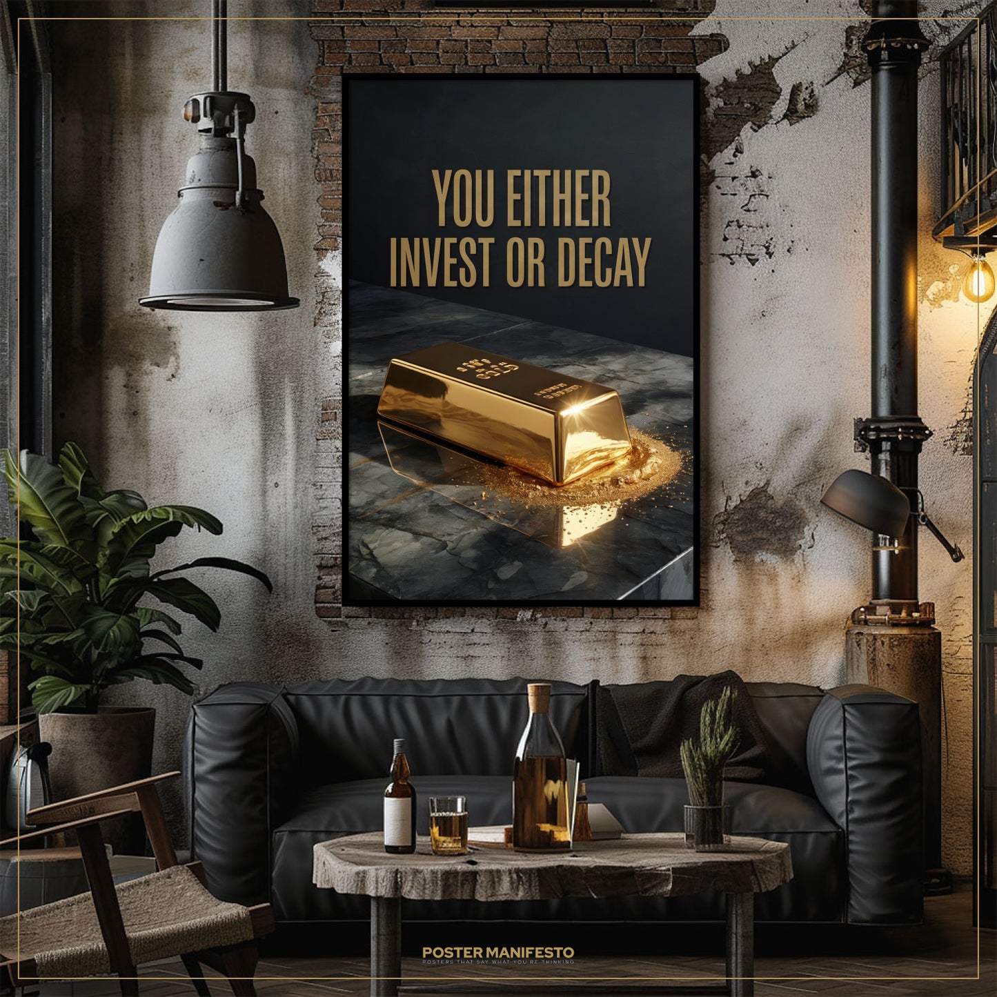 Modern living room with a gold bar poster and 'You Either Invest or Decay' quote.