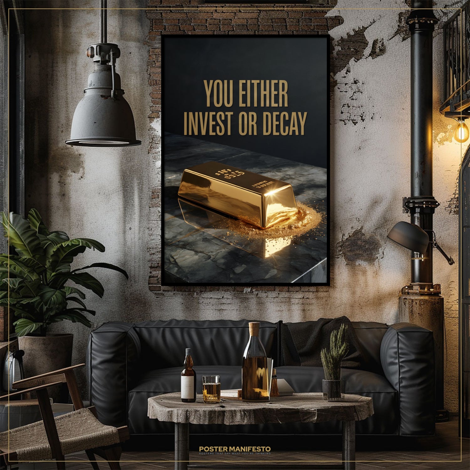 Modern living room with a gold bar poster and 'You Either Invest or Decay' quote.