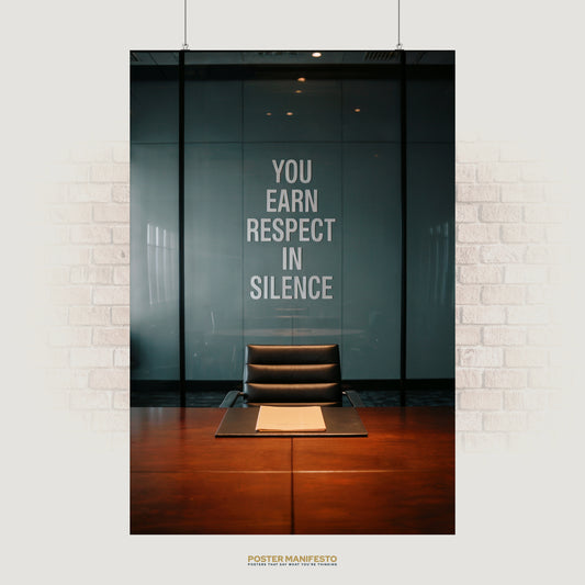 Executive office motivational poster featuring the phrase “You Earn Respect In Silence,” with a sleek black chair and minimalist boardroom design.