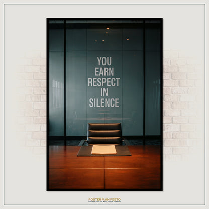 Poster with a chair and text 'You earn respect in silence' on a wall.