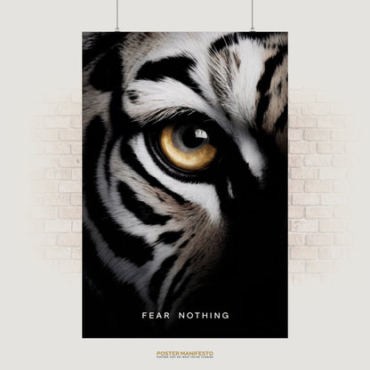 Close-up motivational poster of a tiger’s golden eye with the bold phrase “Fear Nothing,” symbolizing strength and courage for office or gym decor.