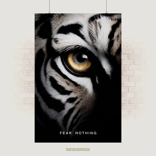 Close-up motivational poster of a tiger’s golden eye with the bold phrase “Fear Nothing,” symbolizing strength and courage for office or gym decor.