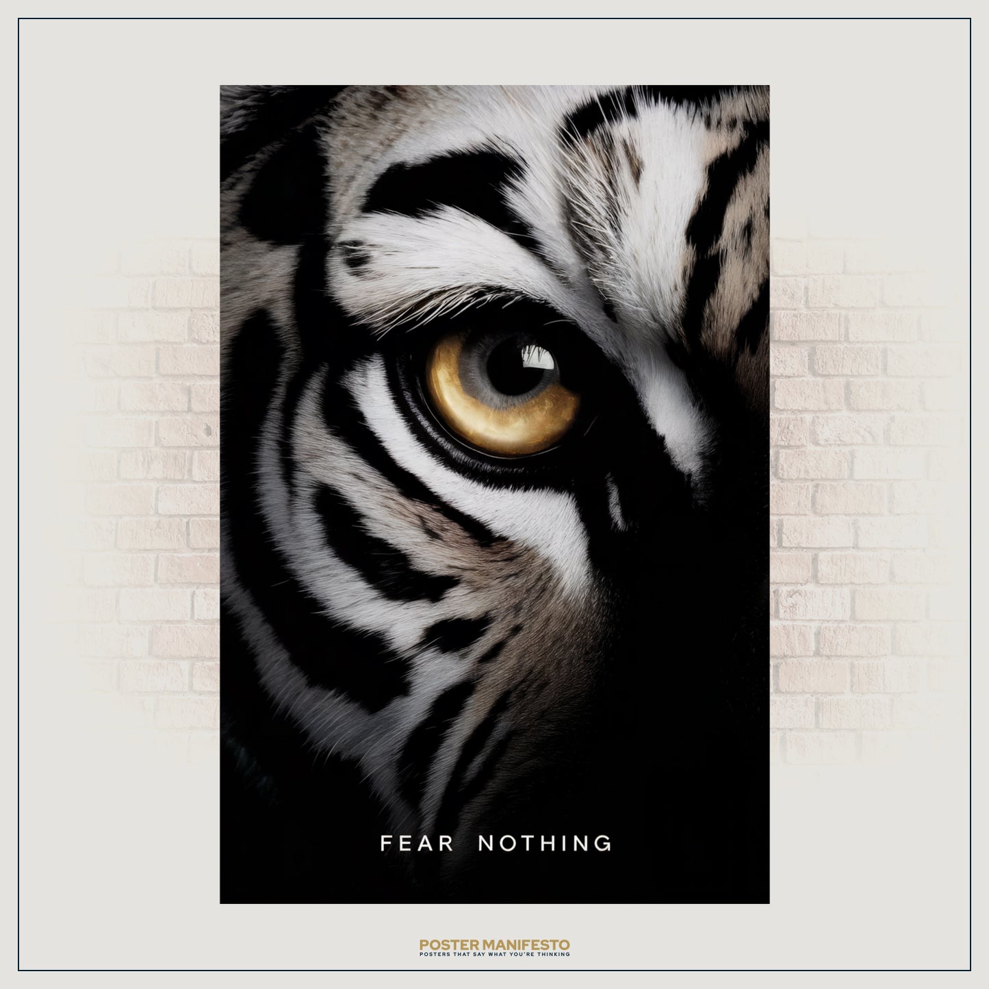 Striking wall art featuring the intense gaze of a tiger with “Fear Nothing” text, ideal for inspiring focus and determination in professional spaces.