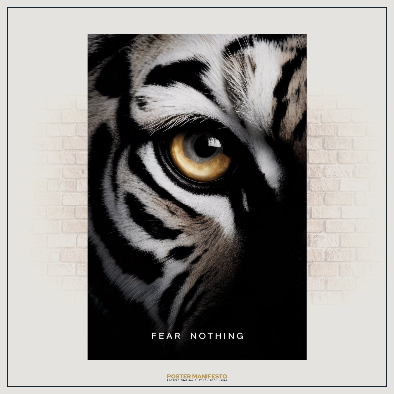 Striking wall art featuring the intense gaze of a tiger with “Fear Nothing” text, ideal for inspiring focus and determination in professional spaces.