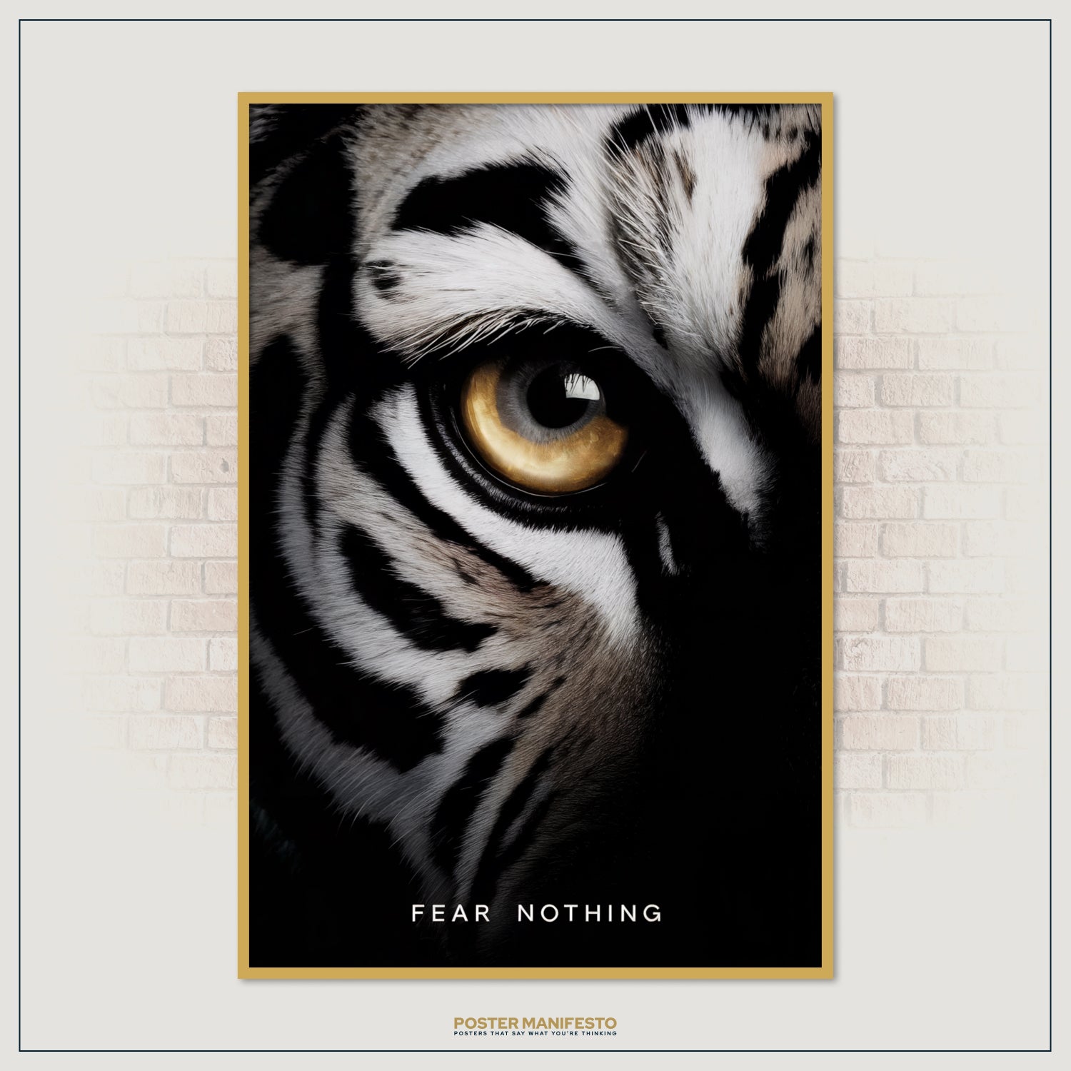 Motivational animal poster with detailed tiger eye close-up, embodying power, fearlessness, and resilience for modern office or home gym decor.