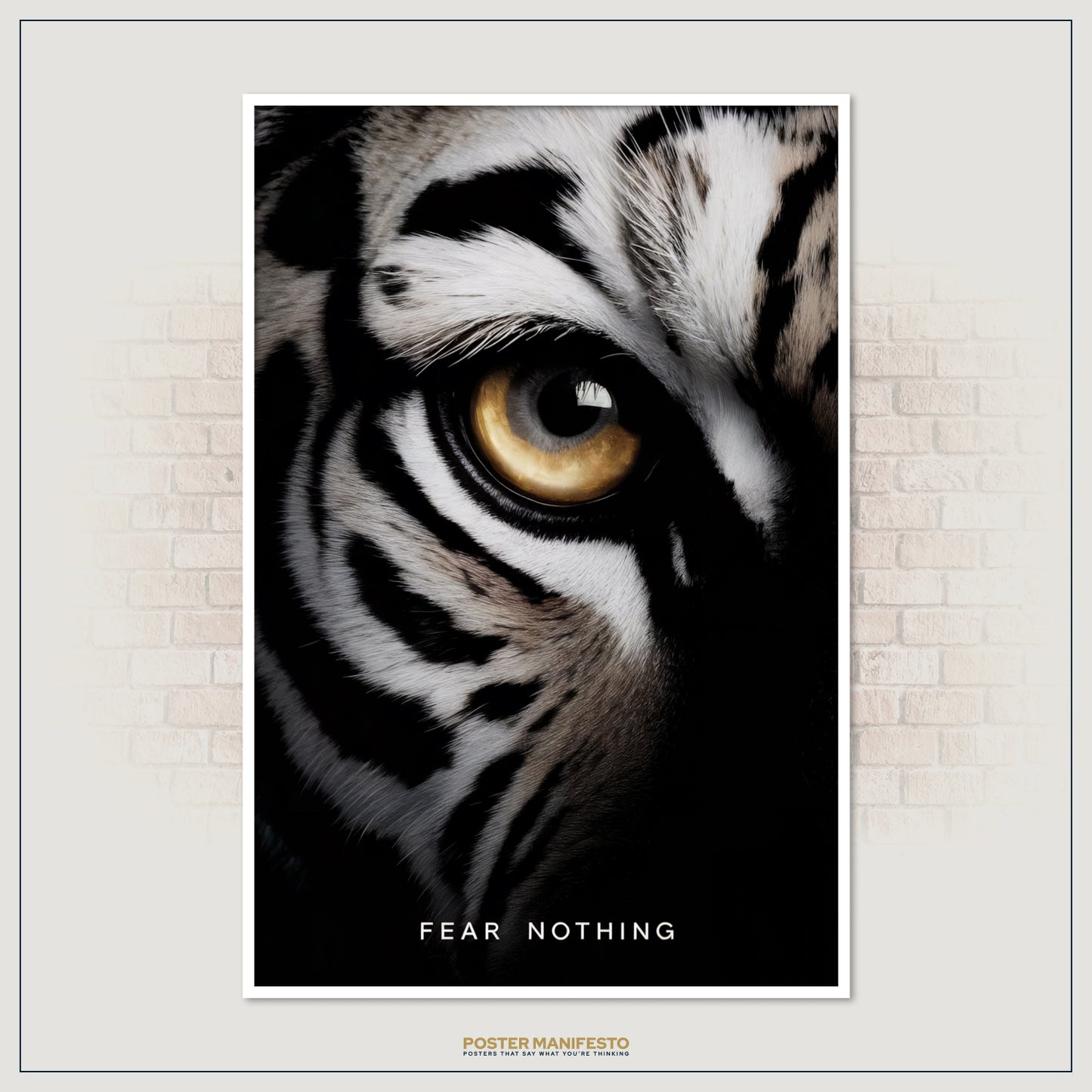 Bold motivational artwork showcasing a tiger’s eye with “Fear Nothing” lettering, designed to inspire strength and inner confidence.