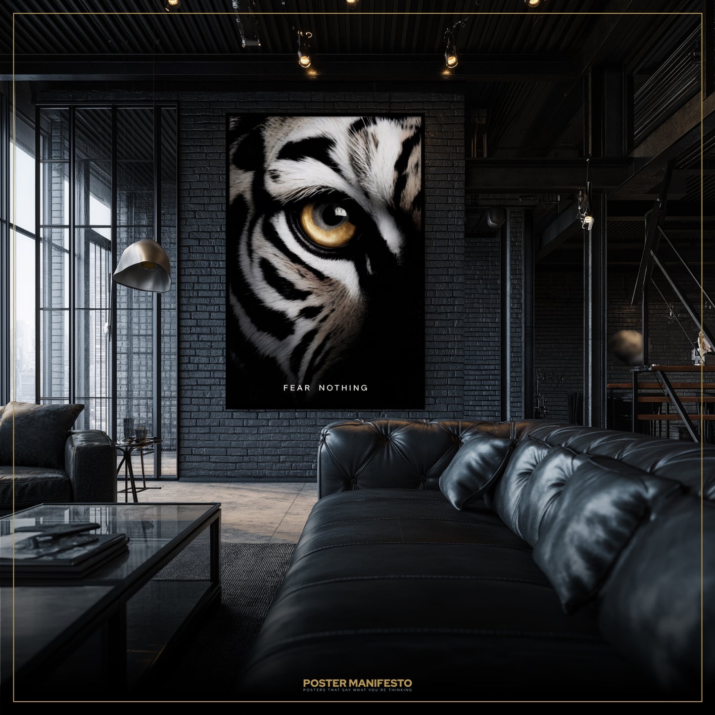 Living room with a large tiger eye poster on a brick wall, featuring the brand 'Poster Manifesto'.