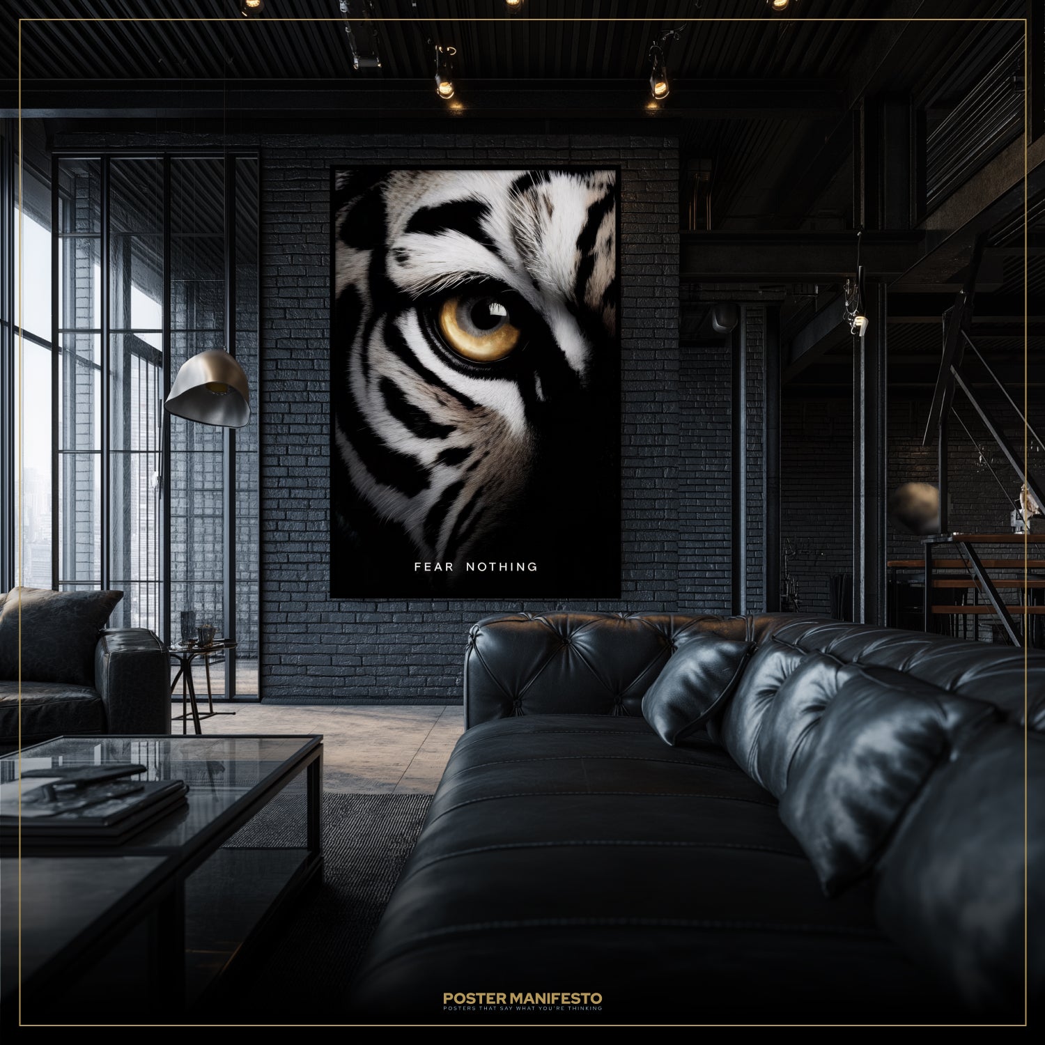 Living room with a large tiger eye poster on a brick wall, featuring the brand 'Poster Manifesto'.
