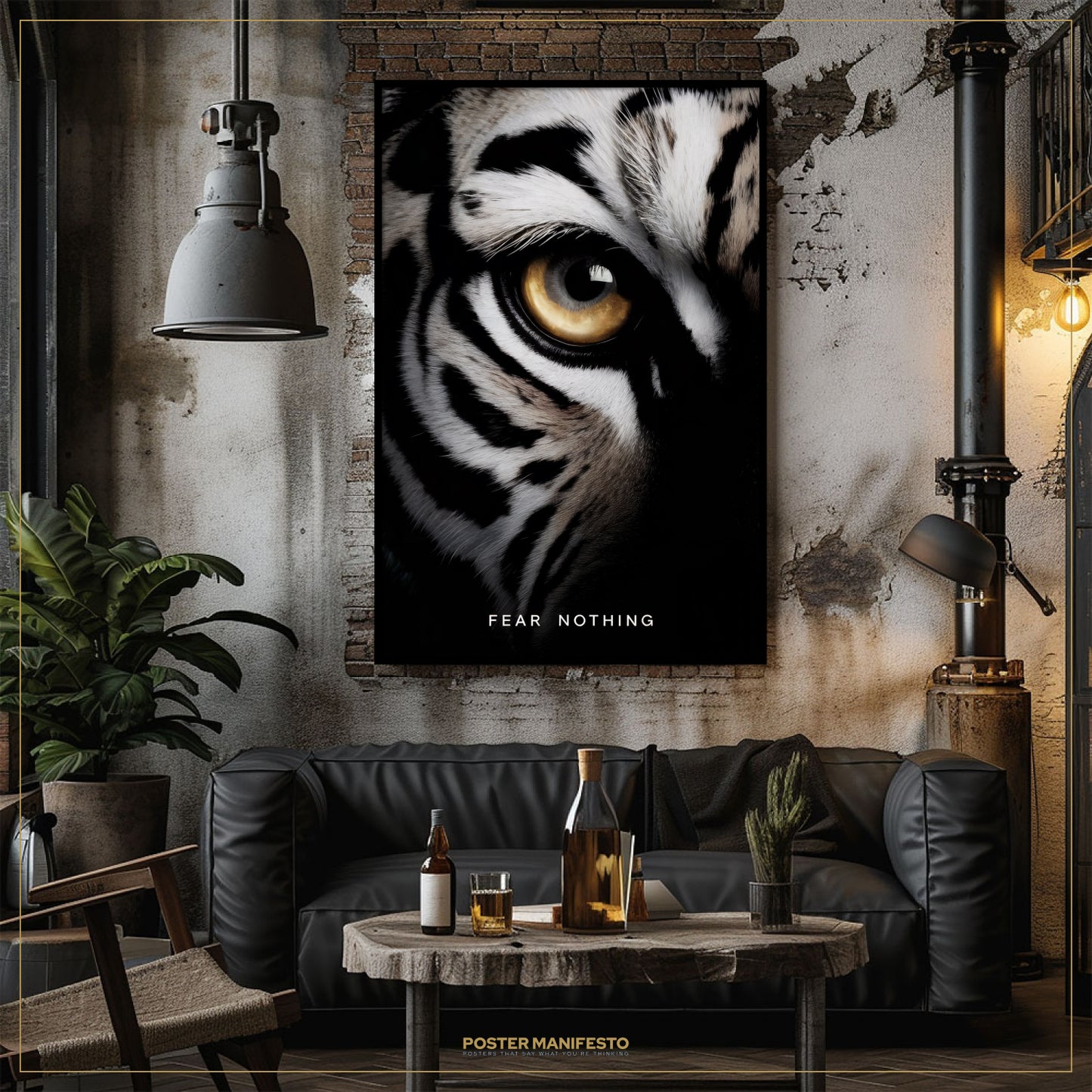 Living room with a tiger eye poster, black sofa, and wooden table.
