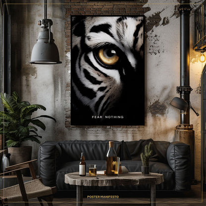 Living room with a tiger eye poster, black sofa, and wooden table.