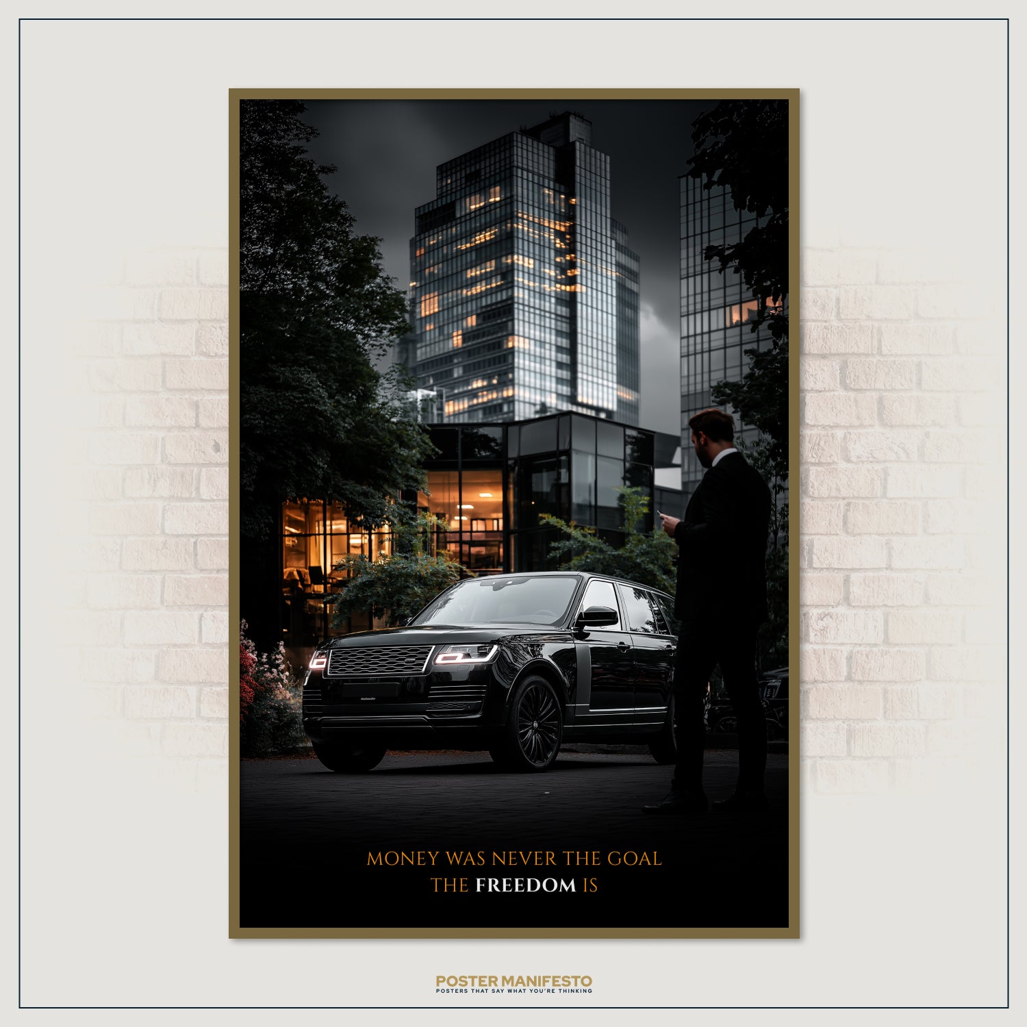 Modern wall art poster for entrepreneurs highlighting financial freedom with imagery of a sleek car, business attire, and text reminding that freedom is the real pursuit.