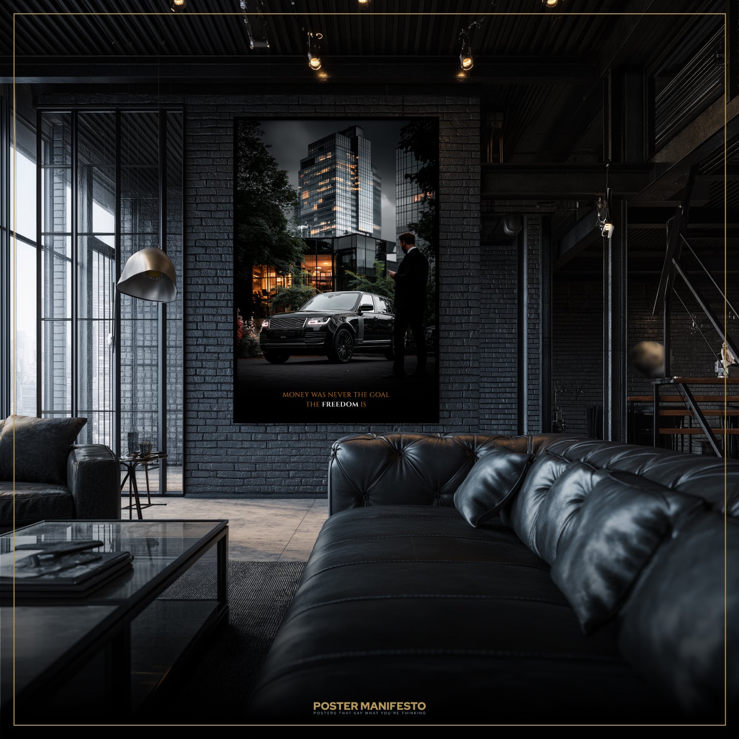 Modern living room with a large framed poster on the wall, featuring a car and two people.