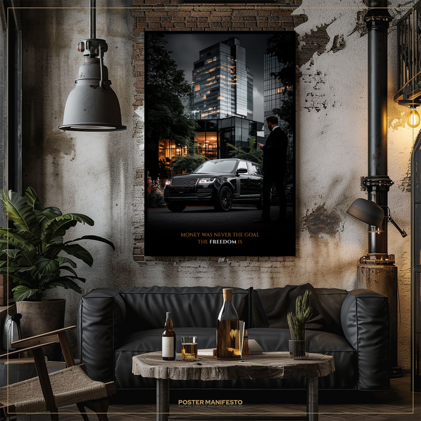 Modern living room with a black leather sofa, wooden coffee table, and a large poster on the wall.