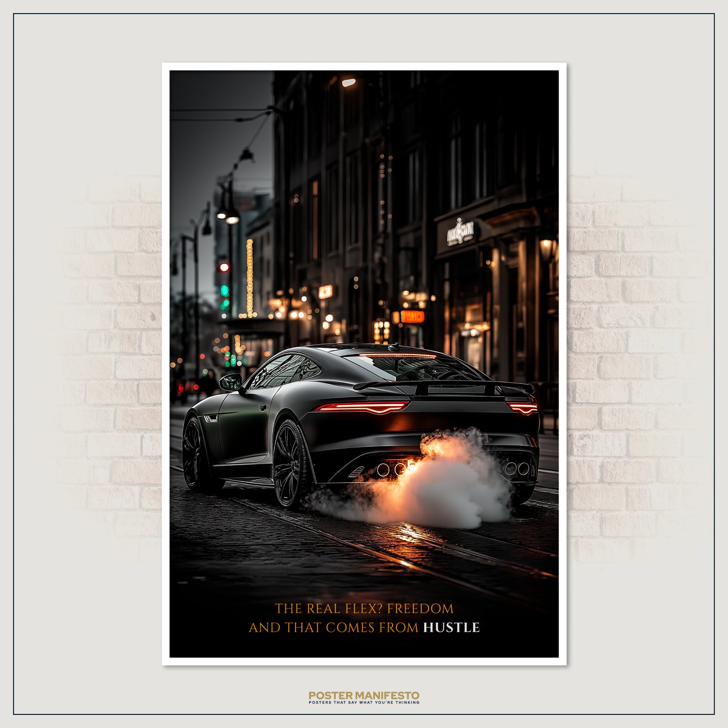 Striking motivational artwork with a sports car exhaling smoke under streetlights, embodying the energy and drive needed for success through relentless hustle.