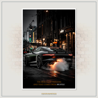 Striking motivational artwork with a sports car exhaling smoke under streetlights, embodying the energy and drive needed for success through relentless hustle.