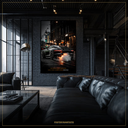 Modern living room with a large movie poster on the wall, featuring a car scene.