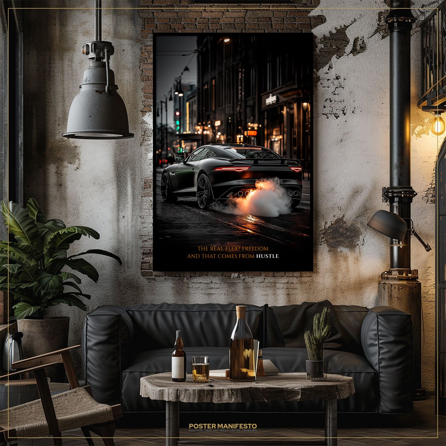 Living room with a black leather sofa, wooden coffee table, and a framed poster of a car on the wall.