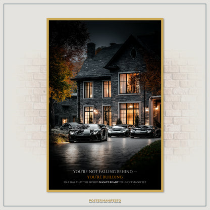 Success-driven décor print blending luxury cars and a mansion with a motivational message reminding entrepreneurs that progress is unique and personal.