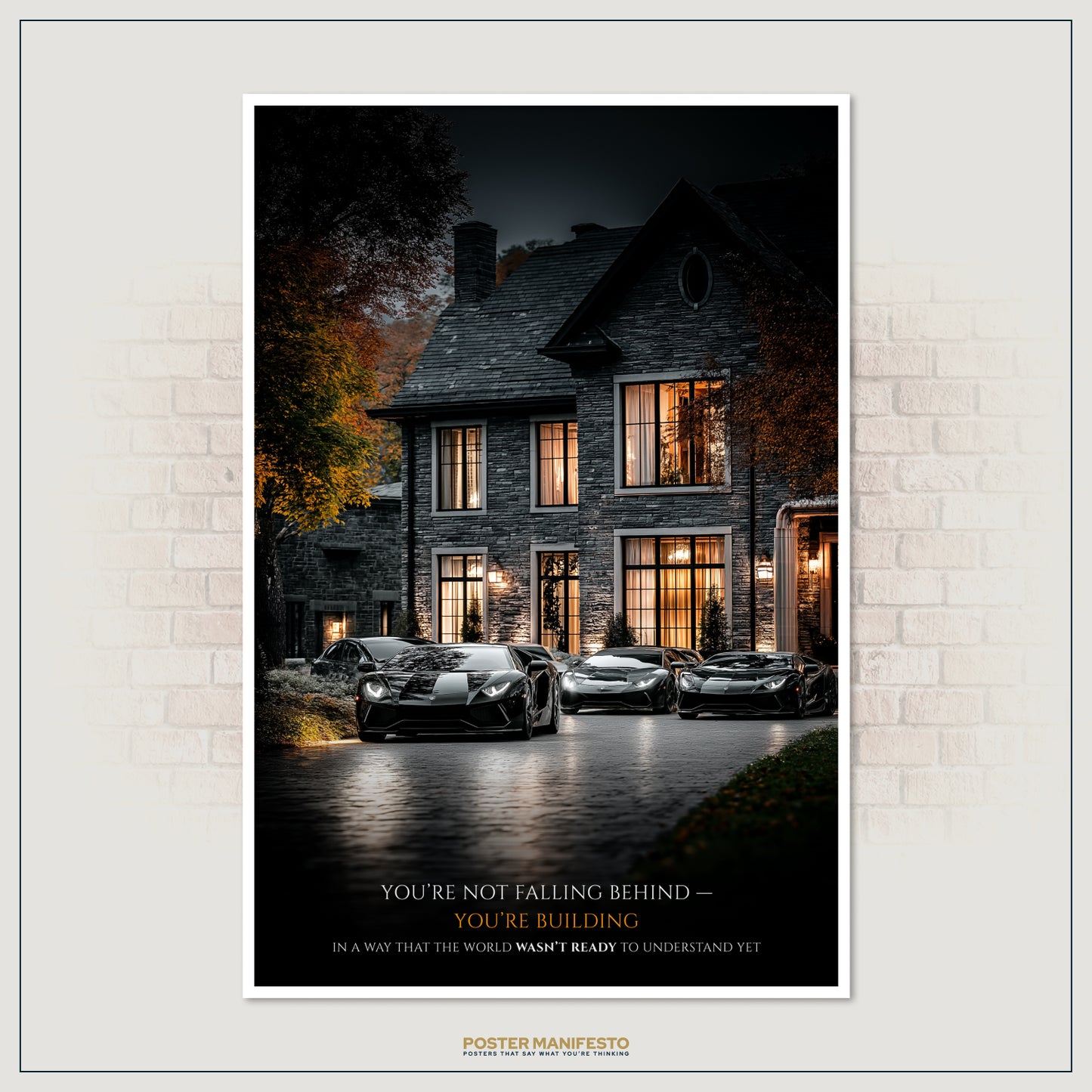 Premium motivational artwork with a supercar driveway scene at sunset, highlighting the theme of patience, hustle, and unstoppable growth.
