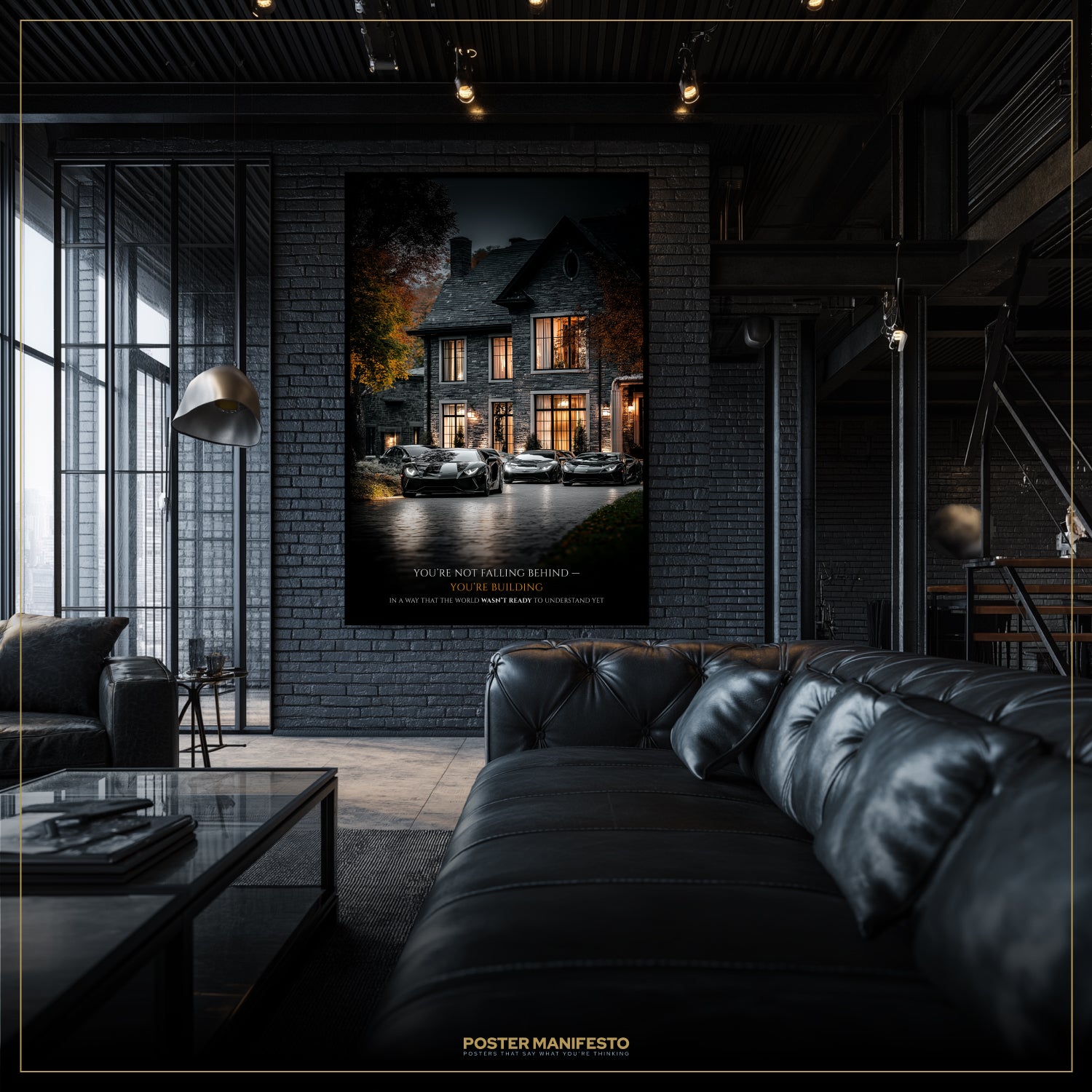 Modern living room with a large framed photograph on the wall, featuring a house at night.