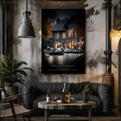 Living room with a dark gray sofa, wooden coffee table, and a large framed poster on the wall.