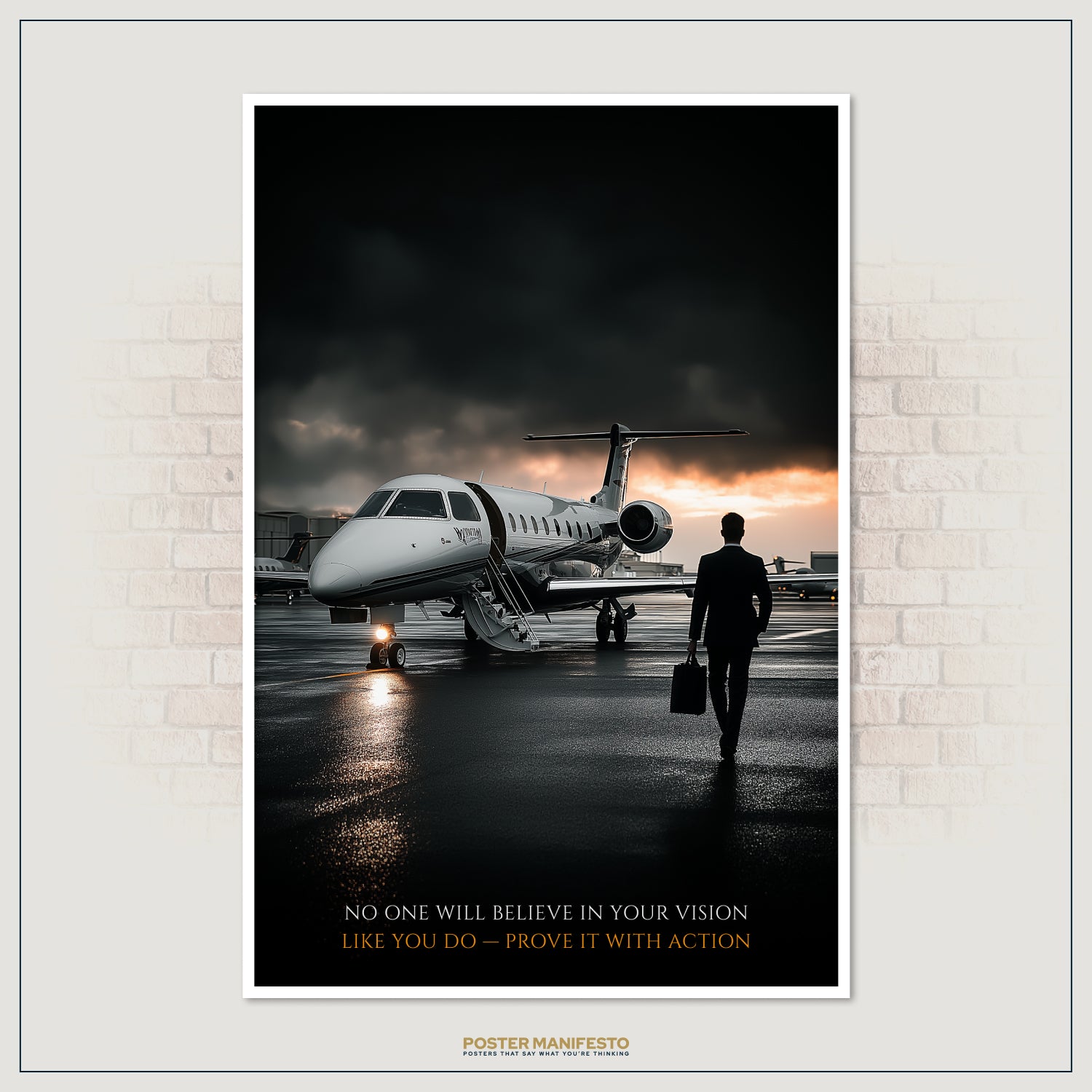 Success-driven poster featuring aviation luxury and motivational typography, perfect for office or workspace inspiration for high achievers.