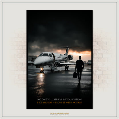 Poster of a private jet on a runway with a motivational quote, framed against a brick wall.