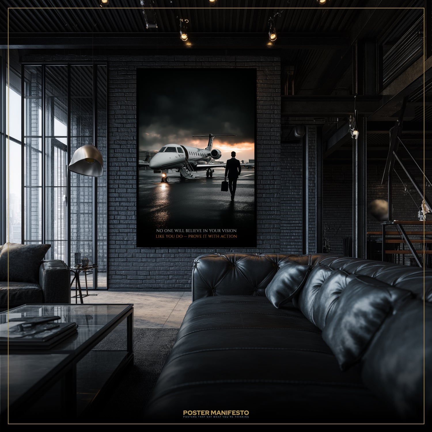 Modern living room with a large airplane poster on a brick wall.