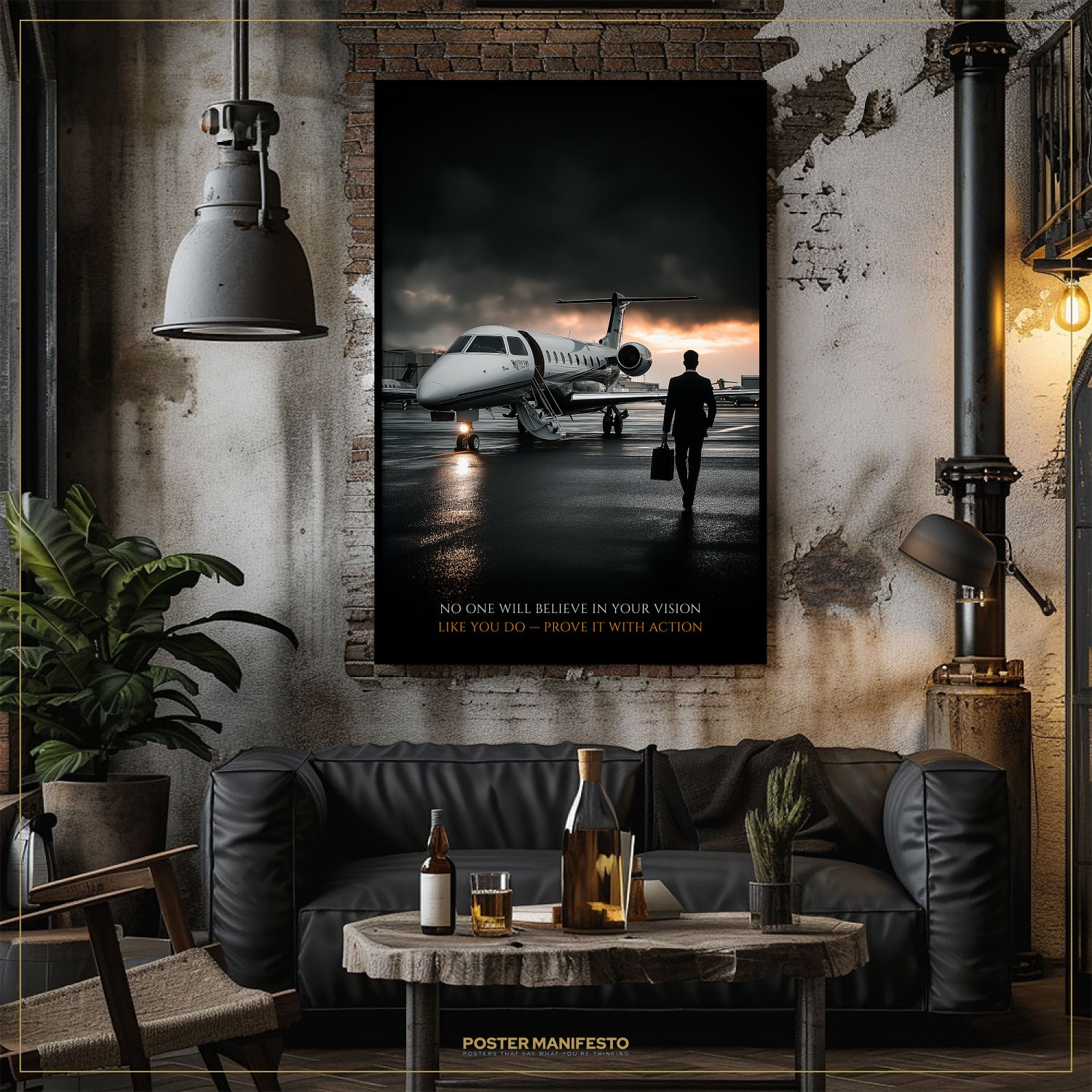Living room with a large poster of an airplane and a person on a wall, above a sofa with a coffee table.
