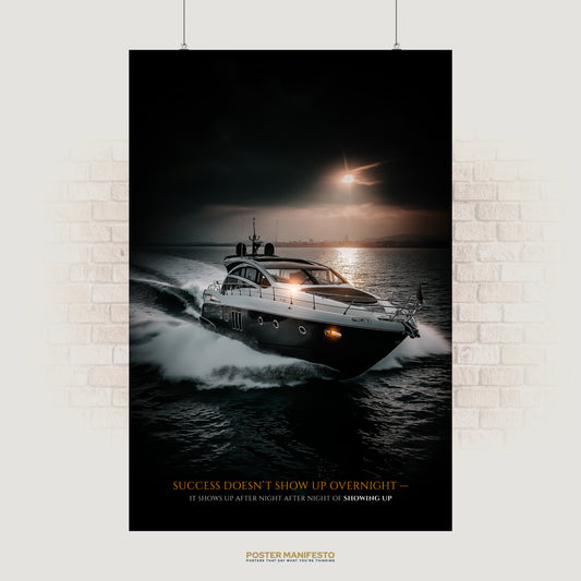 Motivational poster featuring a luxury yacht at sea, symbolizing persistence with the quote about success not showing up overnight.