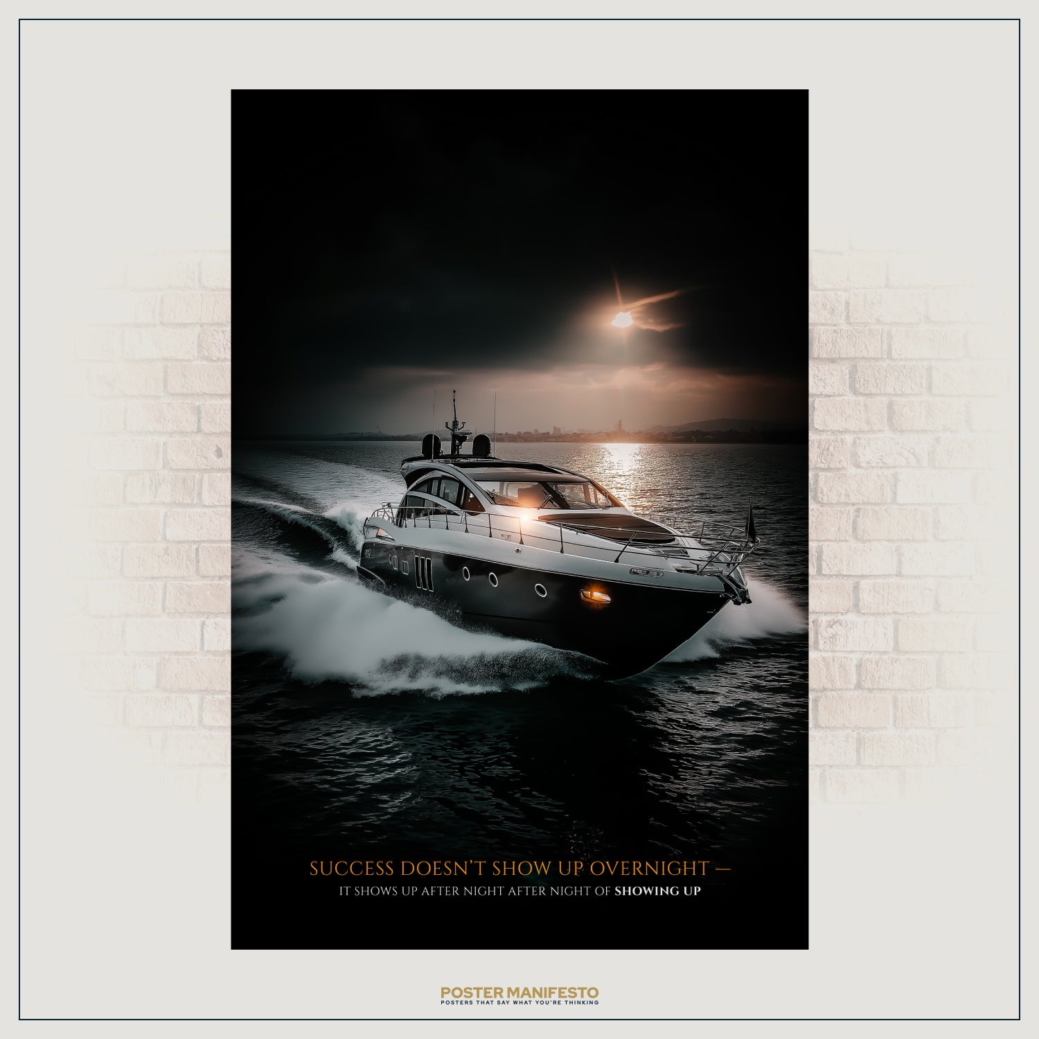 Inspirational wall art showing a yacht cutting through waves at sunset, paired with motivational text about consistency and ambition.