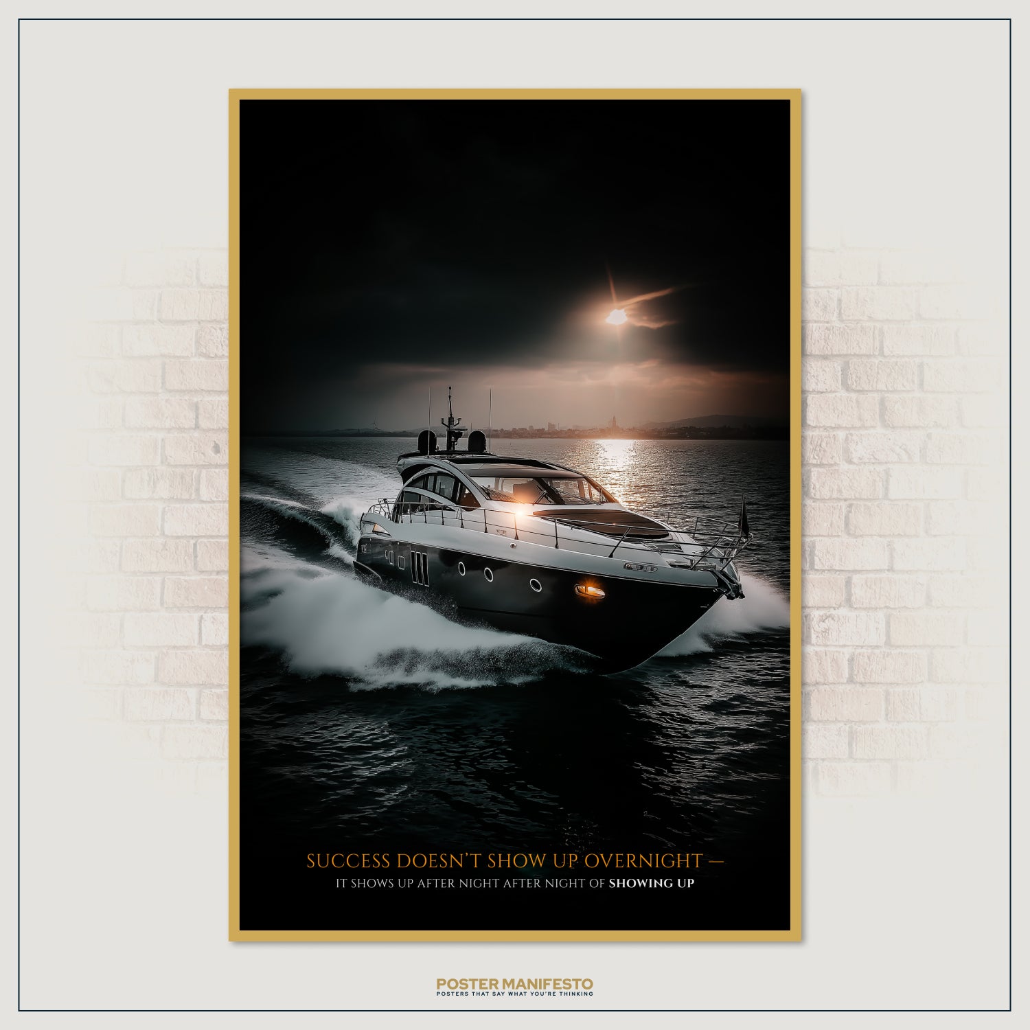 Success-driven office décor featuring a high-end yacht on the ocean, symbolizing resilience and the power of showing up daily.