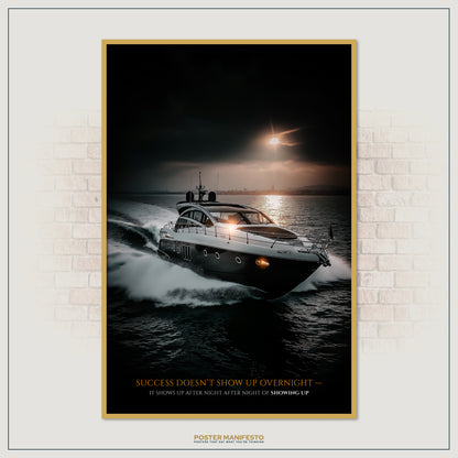Success-driven office décor featuring a high-end yacht on the ocean, symbolizing resilience and the power of showing up daily.