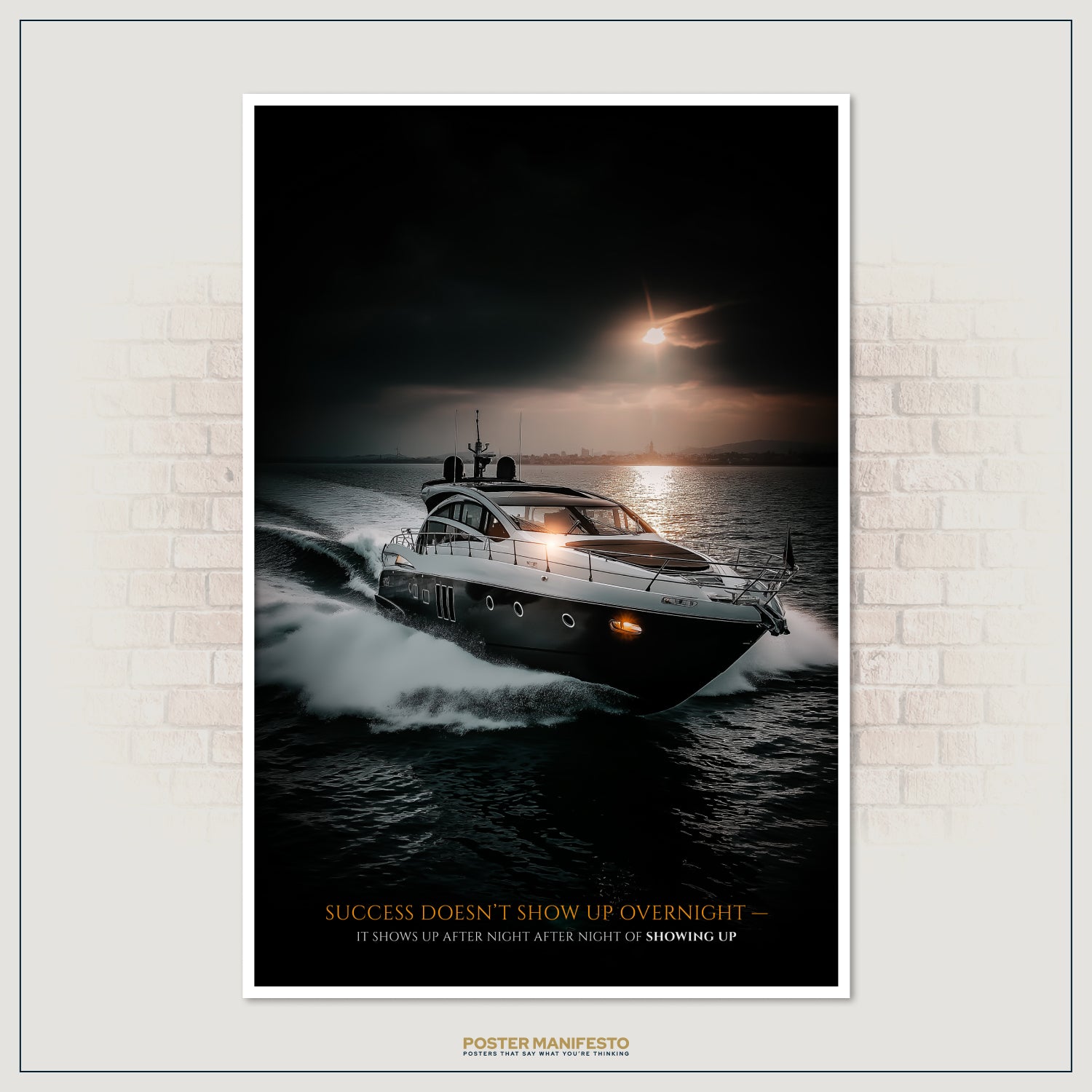 Entrepreneurial motivational poster with luxury yacht imagery and a quote on discipline, perfect for workspaces and leaders.