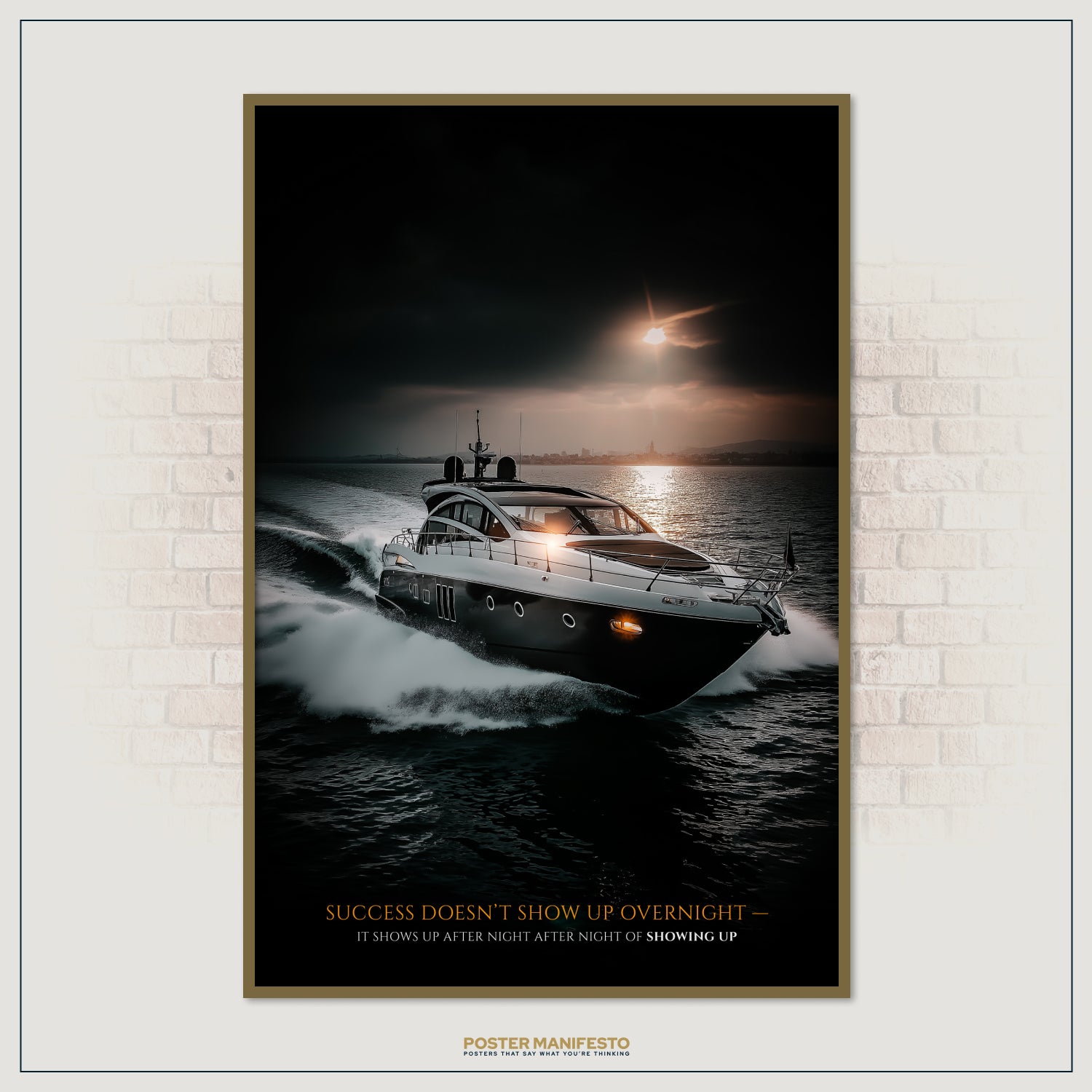 Premium inspirational wall print featuring a yacht against a dramatic sunset, emphasizing long-term success and daily effort.