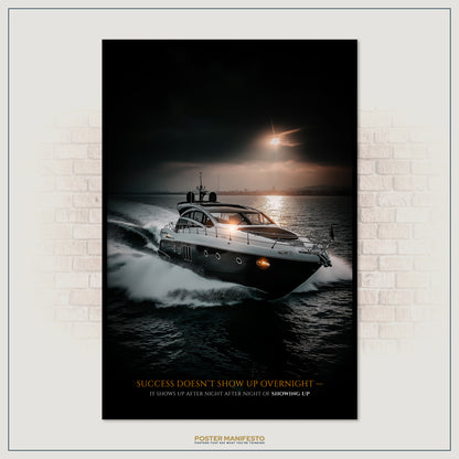 Poster of a boat on water with a motivational quote against a brick wall.