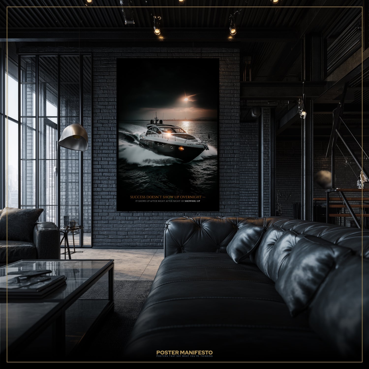 Modern living room with a large black leather sofa and a wall art piece of a boat on water.