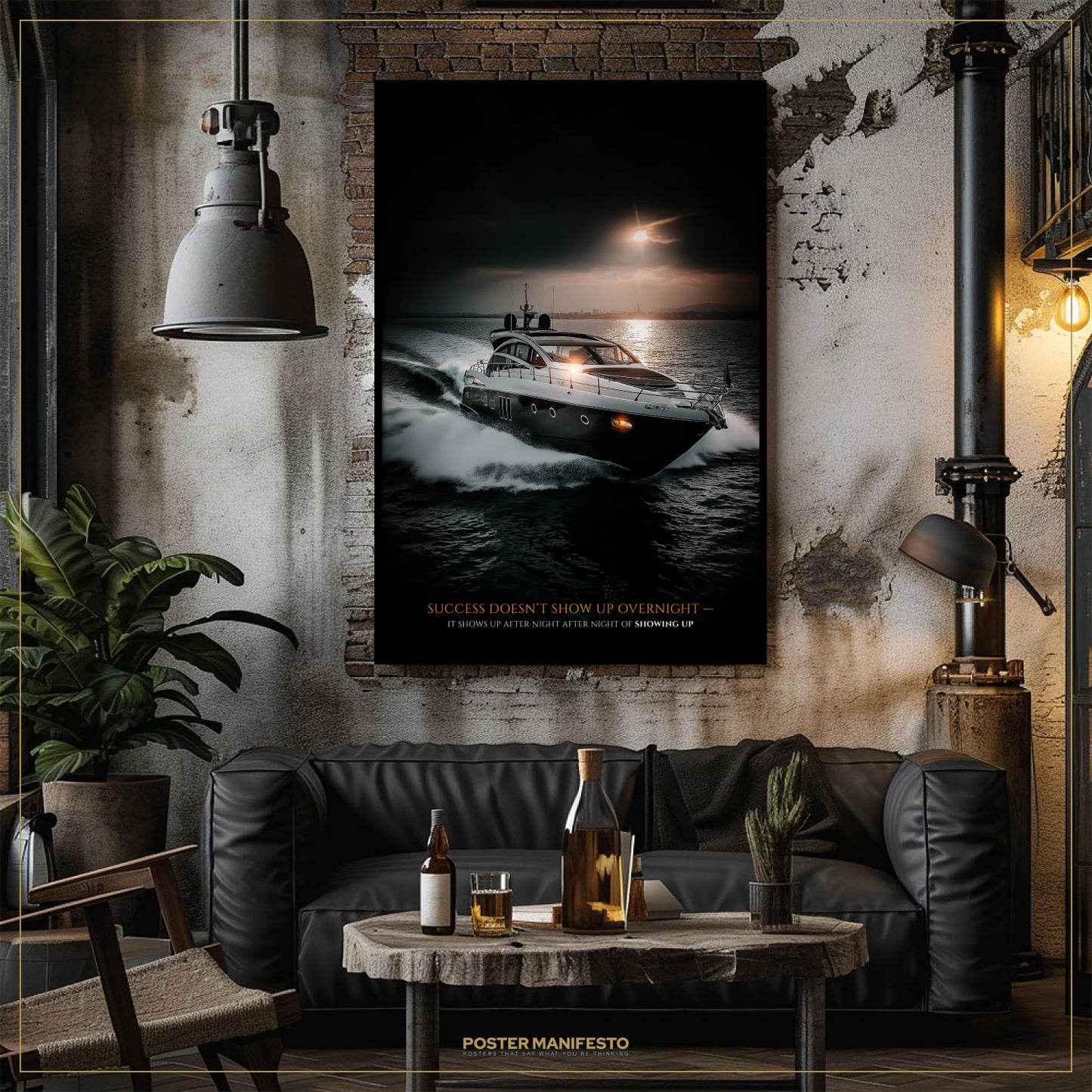 Living room with a boat poster on the wall, a couch, and a coffee table with drinks.