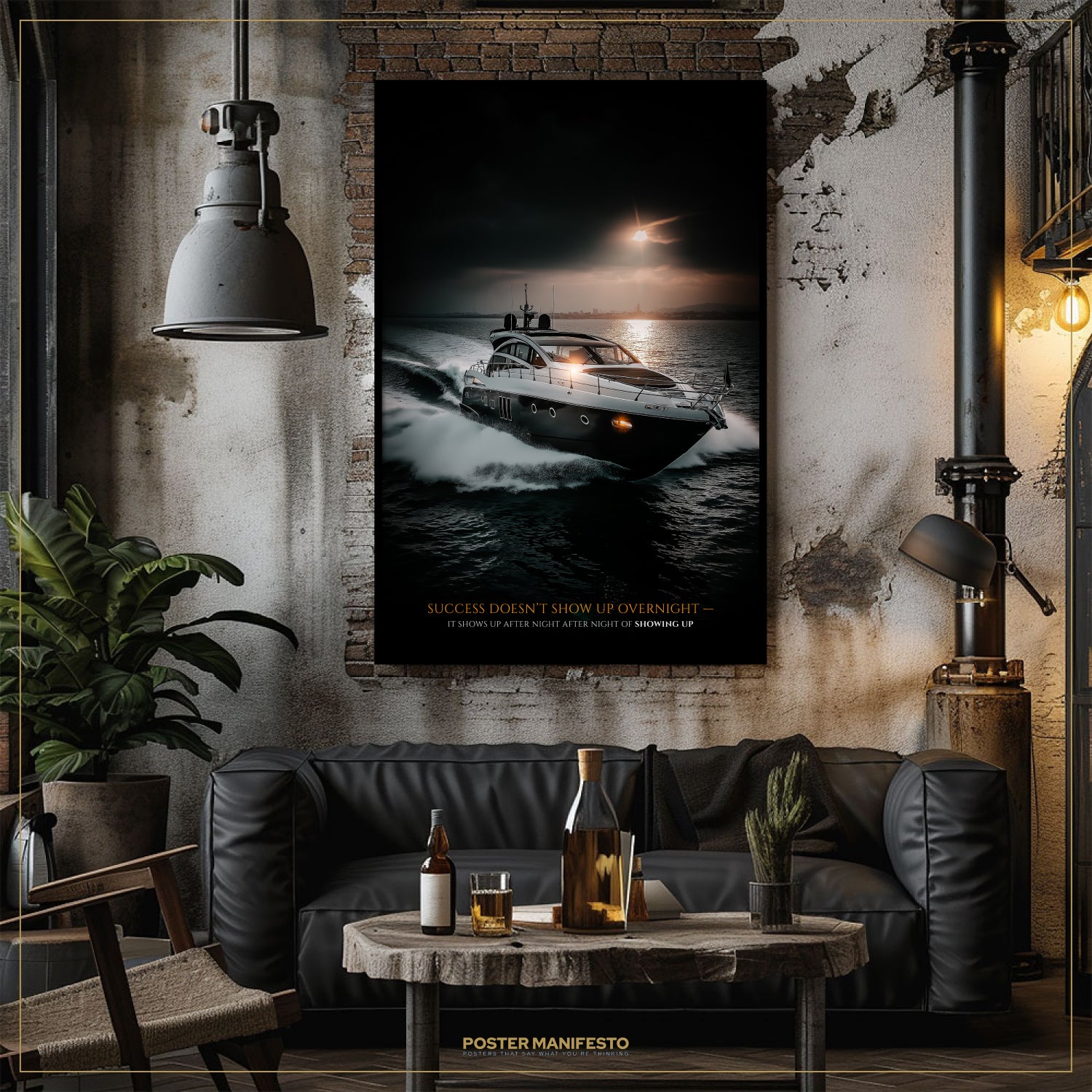 Living room with a boat poster on the wall, a couch, and a coffee table with drinks.