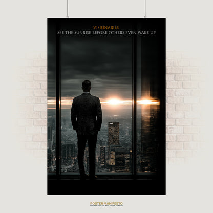 Motivational poster featuring a man overlooking a city sunrise with a quote about visionaries and foresight.