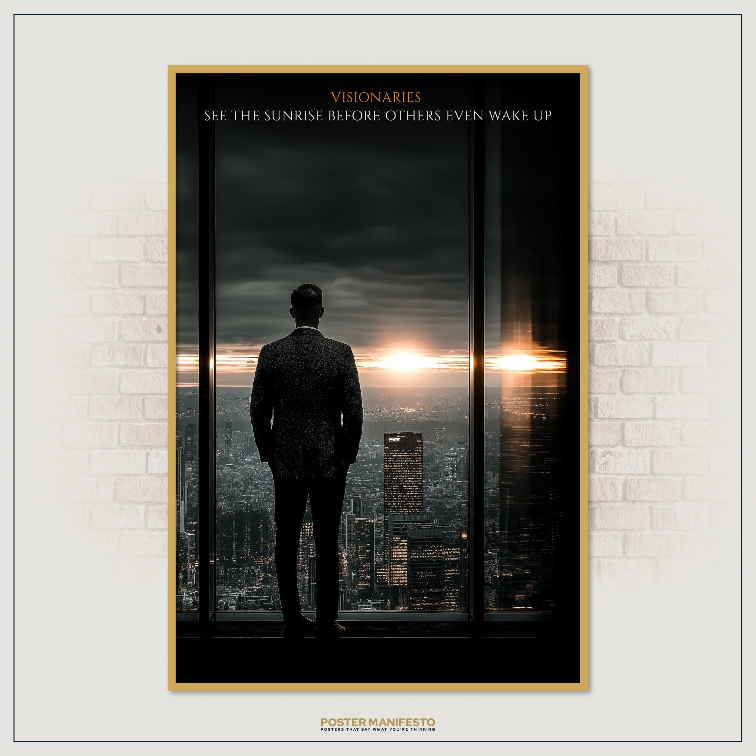 Visionary entrepreneur motivational poster with sunrise view, ideal for office or workspace décor.