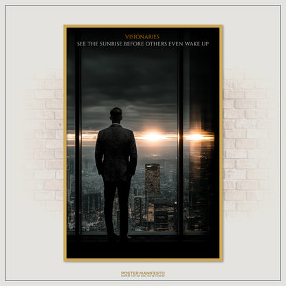 Visionary entrepreneur motivational poster with sunrise view, ideal for office or workspace décor.